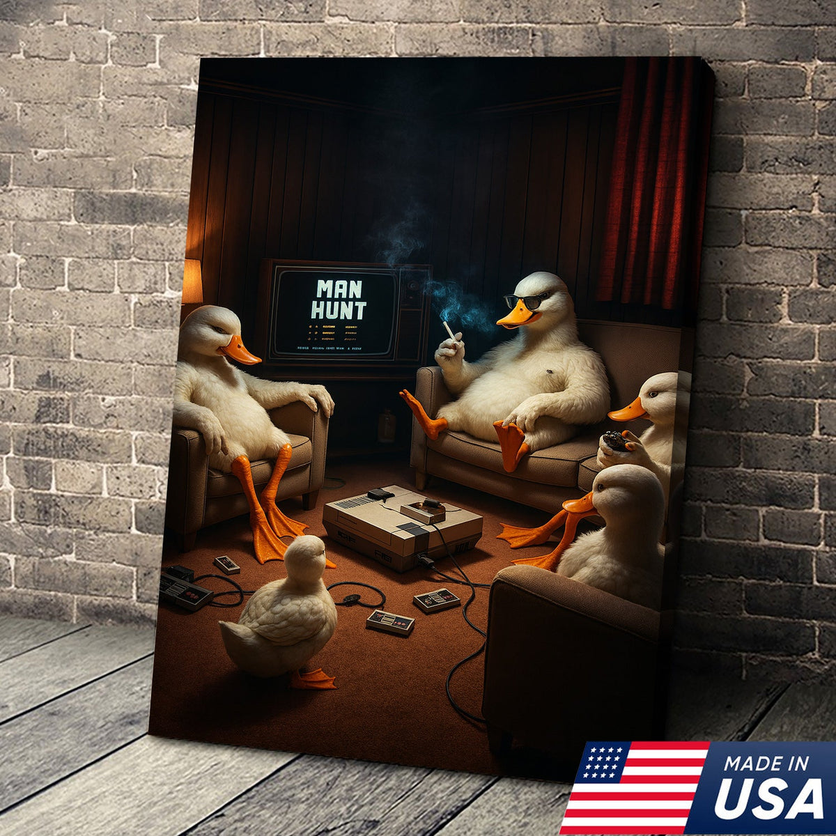 Gaming Ducks Retro Scene Canvas – Dark Humor Surreal Wall Art for Man Cave Decor