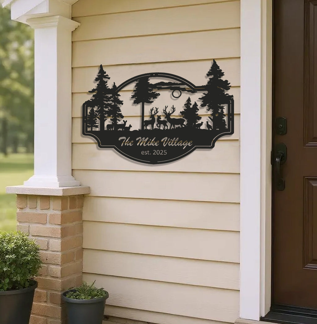 Personalized Deer Metal Sign WITH LED/WITHOUT LED - Rustic Wildlife Scene Cabin Name Sign