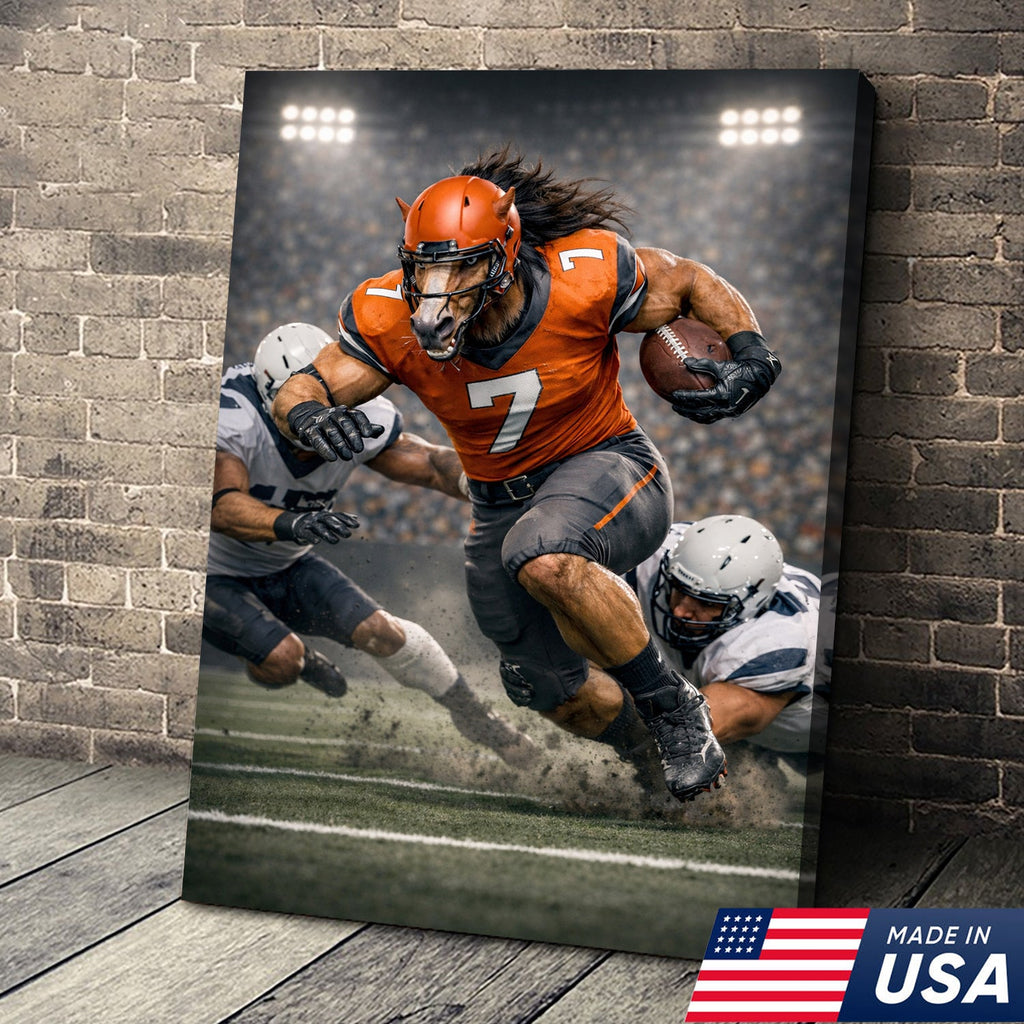 Wild Stallion Football Canvas Wall Art – Powerful Horse Athlete Stadium Action Print