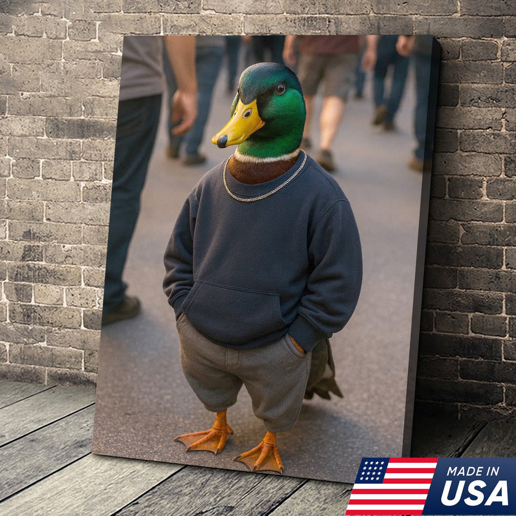 Funny Duck Canvas Wall Art, Cool Mallard in Hoodie Streetwear Poster