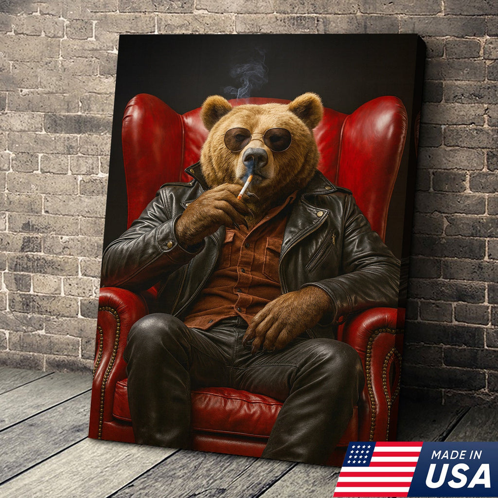 Cool Smoking Bear Wall Art Canvas – Badass Leather Chair Bear Canvas Print for Man Cave Decor