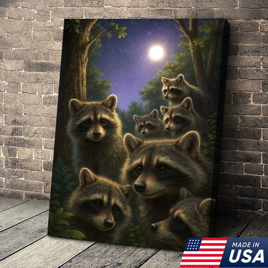 Raccoons Under Full Moon Canvas – Woodland Night Scene, Rustic Lodge Wall Art