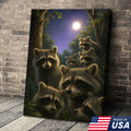 Raccoons Under Full Moon Canvas – Woodland Night Scene, Rustic Lodge Wall Art