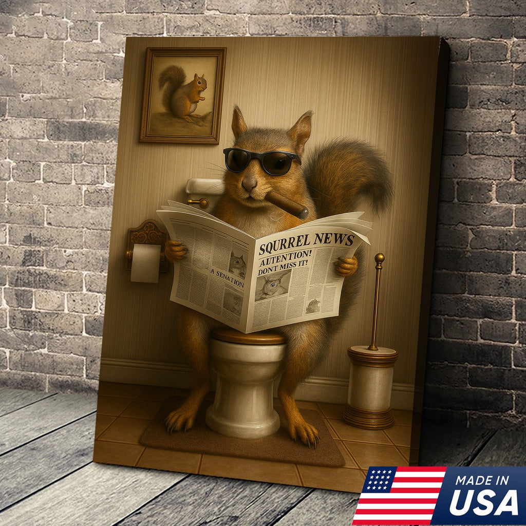 Hilarious Squirrel Canvas Print – Unique Rustic Bathroom Humor for Hunting Lodge and Man Cave