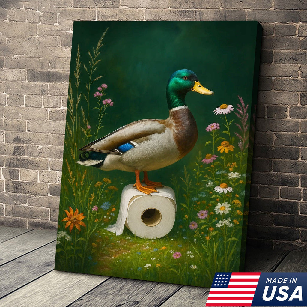 Duck on Toilet Paper Canvas Wall Art, Funny Bathroom Decor with Wildflowers