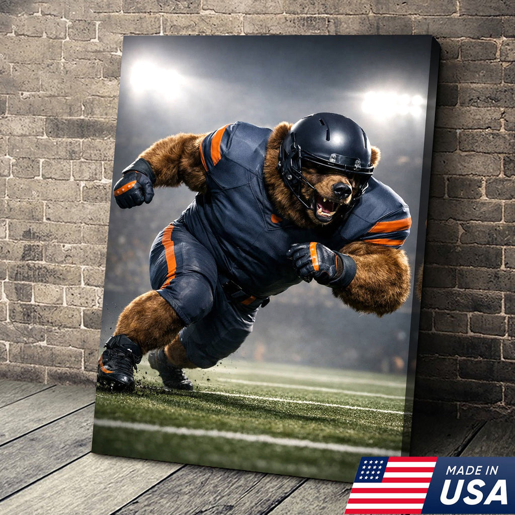 Raging Grizzly Football Canvas Wall Art – Powerful Bear Athlete Stadium Action Print