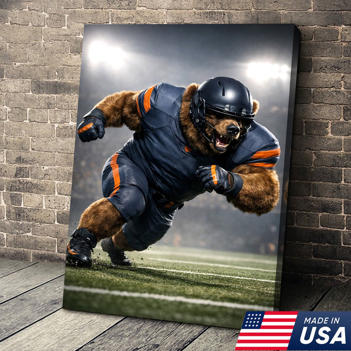 Raging Grizzly Football Canvas Wall Art – Powerful Bear Athlete Stadium Action Print
