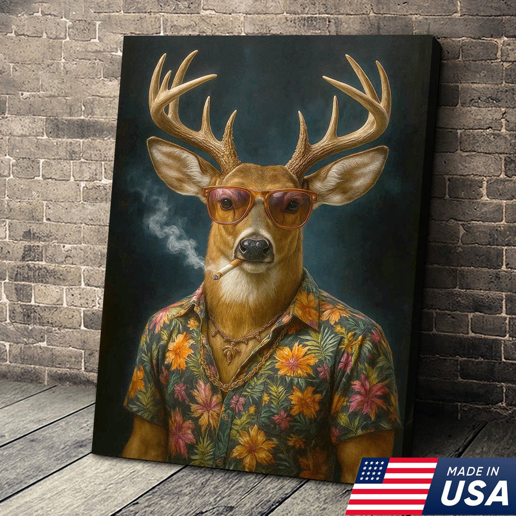 Cool Deer Smoking Canvas Wall Art, Funny Animal Portrait Artwork, Retro Hunter Gift Decor