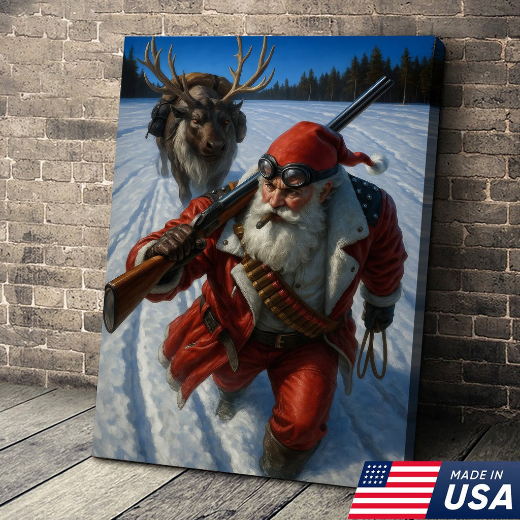Action Santa Sprinting with Reindeer Canvas Wall Art, Epic Winter Christmas Decor