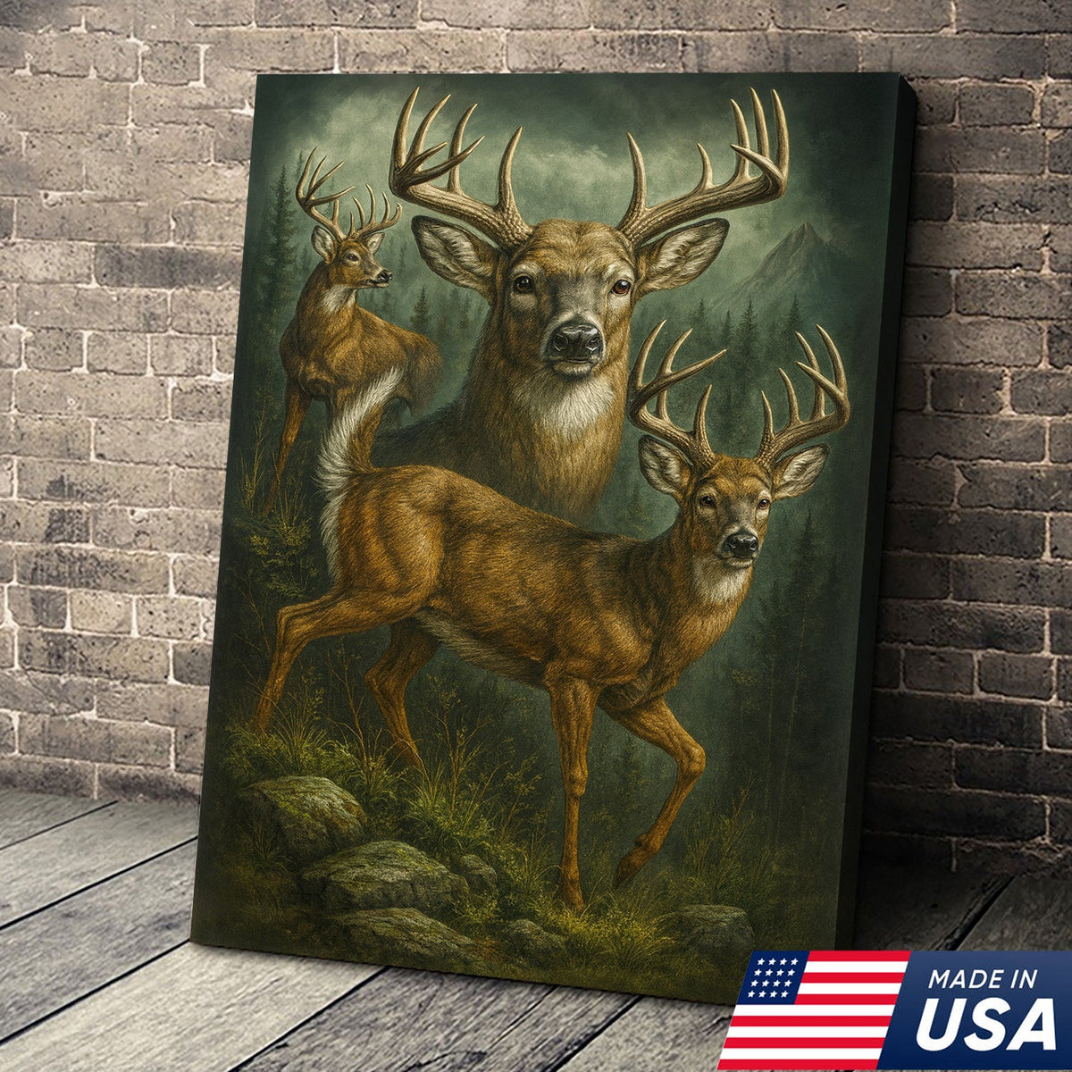 Whitetail Deer Trio Canvas Wall Art, Majestic Bucks in Forest Scene, Perfect Hunting Lodge