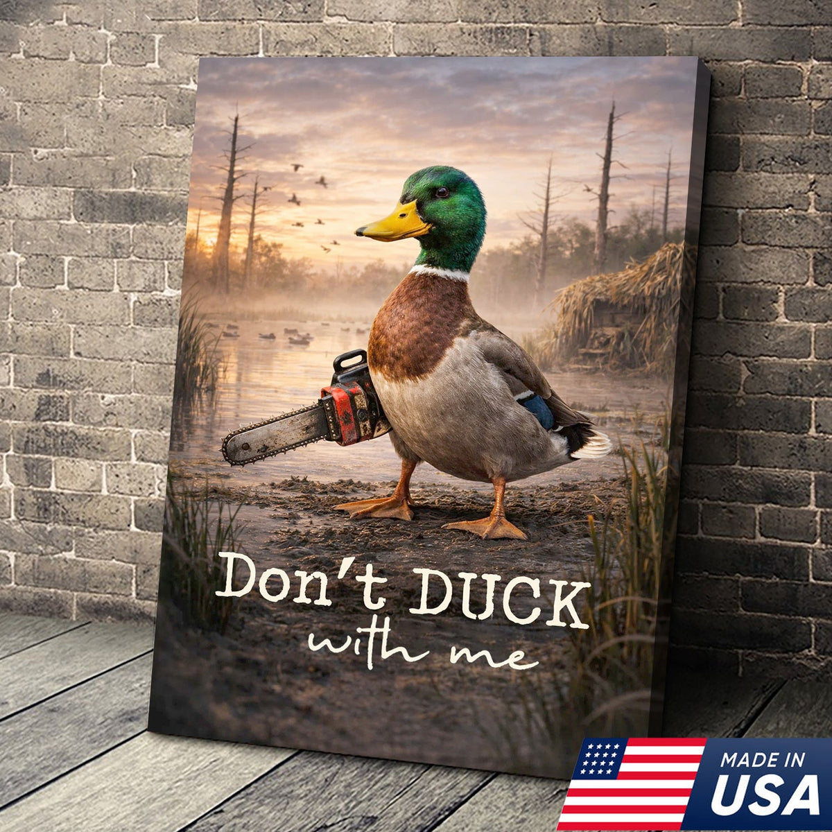 Don’t Duck With Me Canvas Wall Art, Funny Duck Chainsaw Artwork