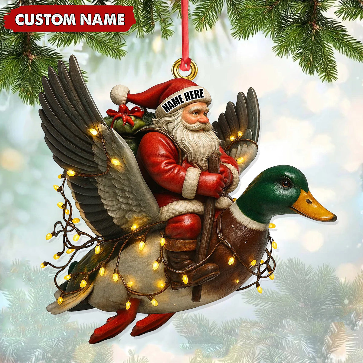 Personalized Santa Riding Duck Ornament, Custom Name Christmas Gift for Hunters