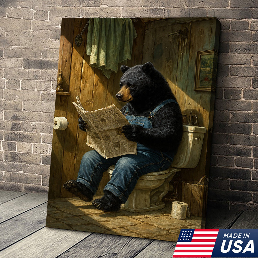 Funny Bear Reading Newspaper Bathroom Wall Art Canvas – Humorous Rustic Animal Decor Print