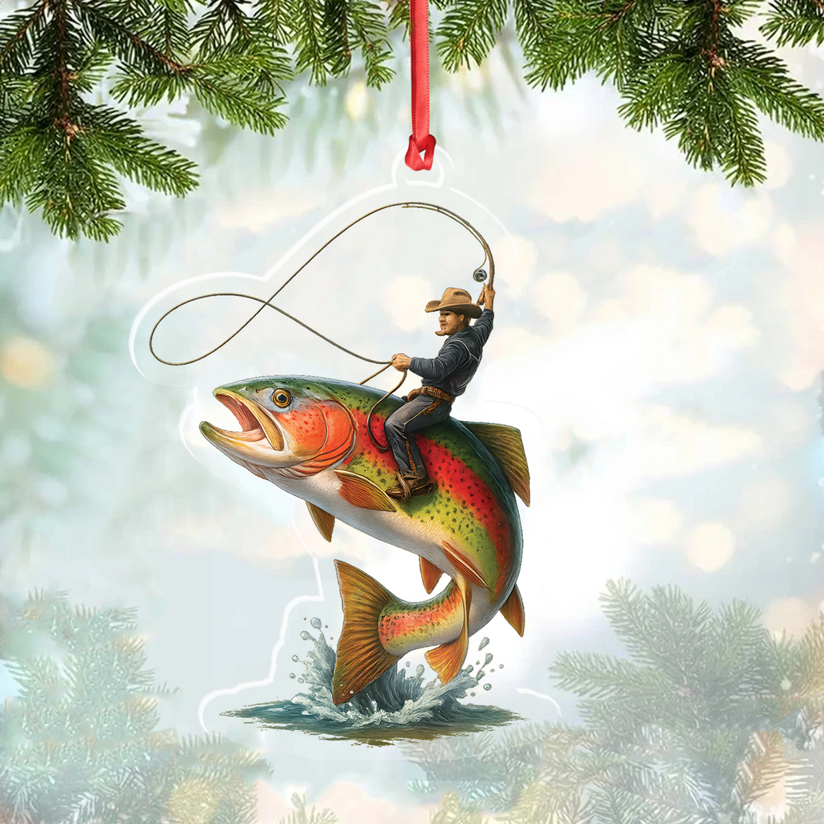 Personalized Funny Fishing Acrylic Ornament – Cowboy Riding Fish Christmas Decoration for Fishermen