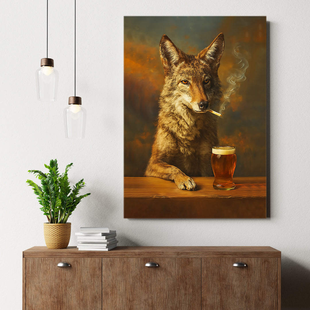 Smoking Wolf Coyote with Cocktail Glasses Canvas – Funny Hunting Wall Art for Man Caves