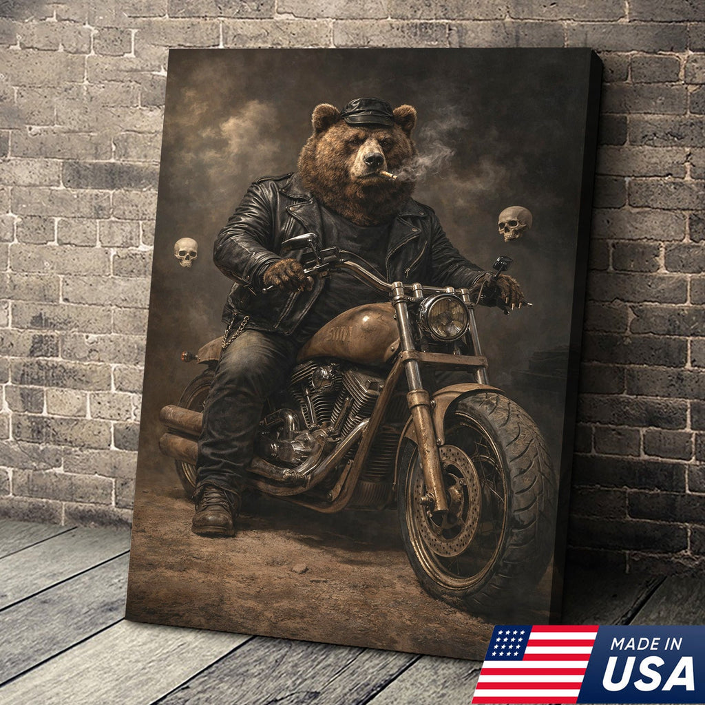 Bear Motorcycle Canvas Print Biker Animal Wall Art Man Cave Decor Gift