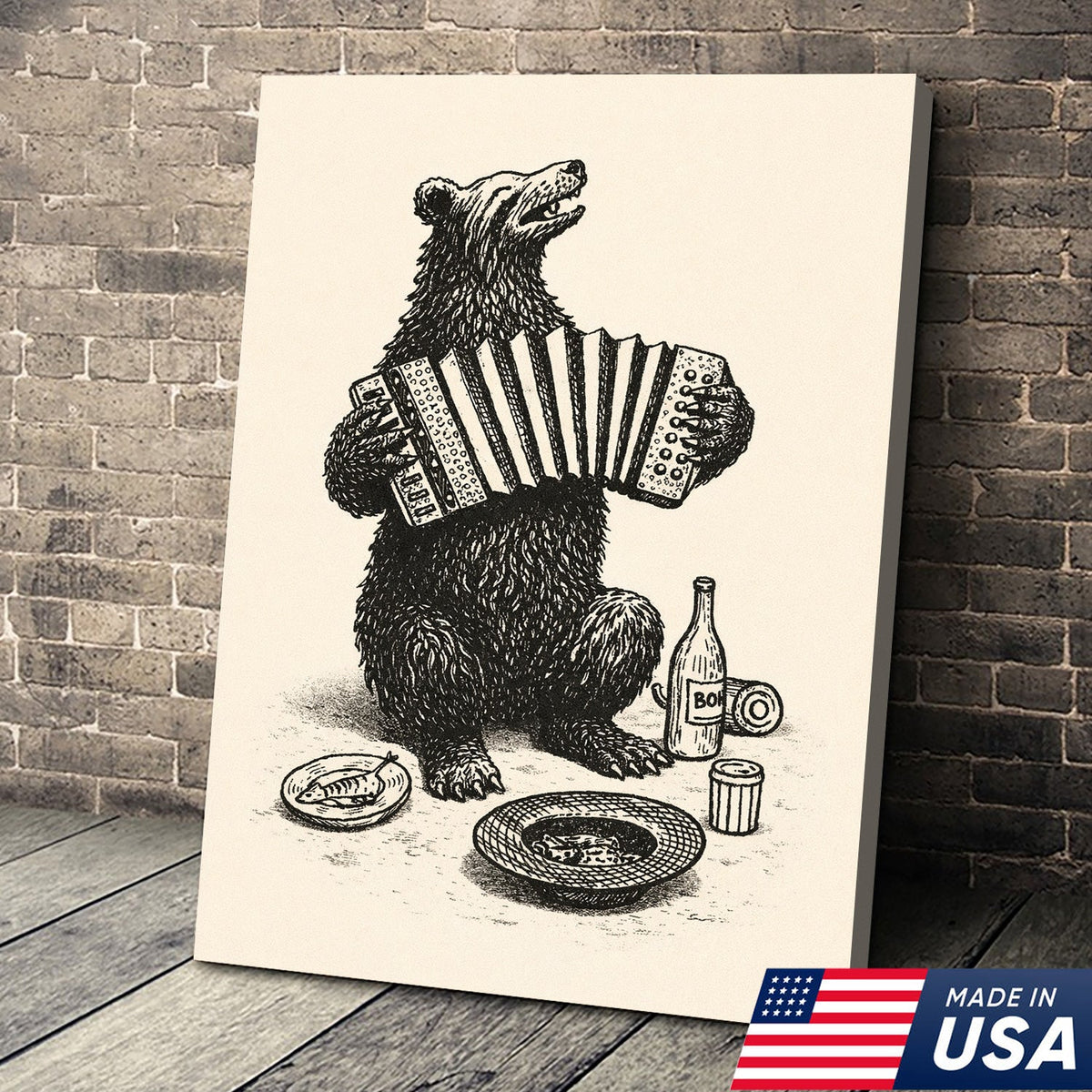 Accordion Playing Bear Illustration Canvas – Vintage Folk Wall Art with Rustic Charm