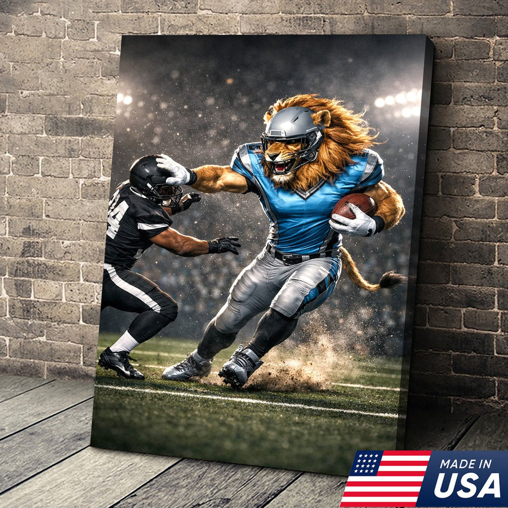 Fearless Lion Football Canvas Wall Art – Powerful Big Cat Athlete Stadium Action Print