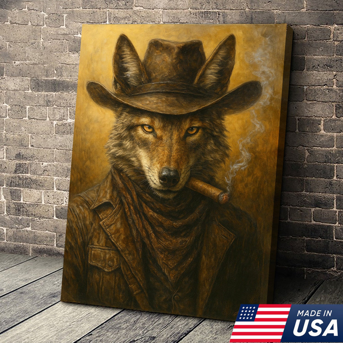 Coyote Cowboy Canvas Wall Art – Rustic Western Outlaw Painting for Lodge, Bar, Hunters