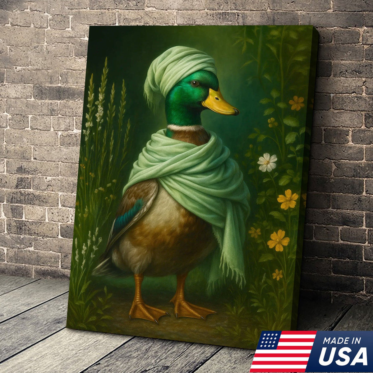 Duck in Green Scarf Canvas Wall Art, Whimsical Animal Portrait, Cottagecore Farmhouse Decor