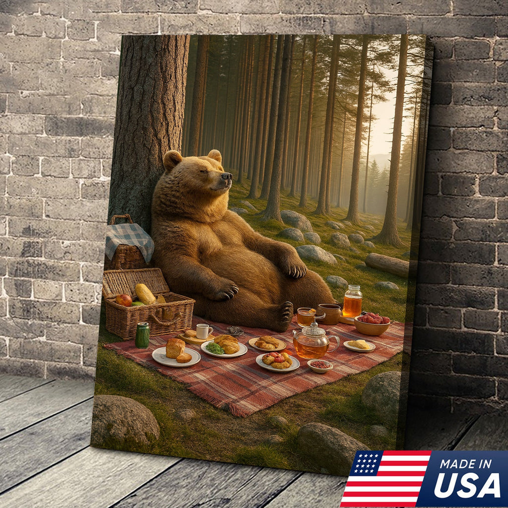 Bear Picnic Forest Wall Art Canvas – Relaxing Woodland Bear Canvas Print for Kitchen Cabin Decor