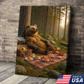 Bear Picnic Forest Wall Art Canvas – Relaxing Woodland Bear Canvas Print for Kitchen Cabin Decor