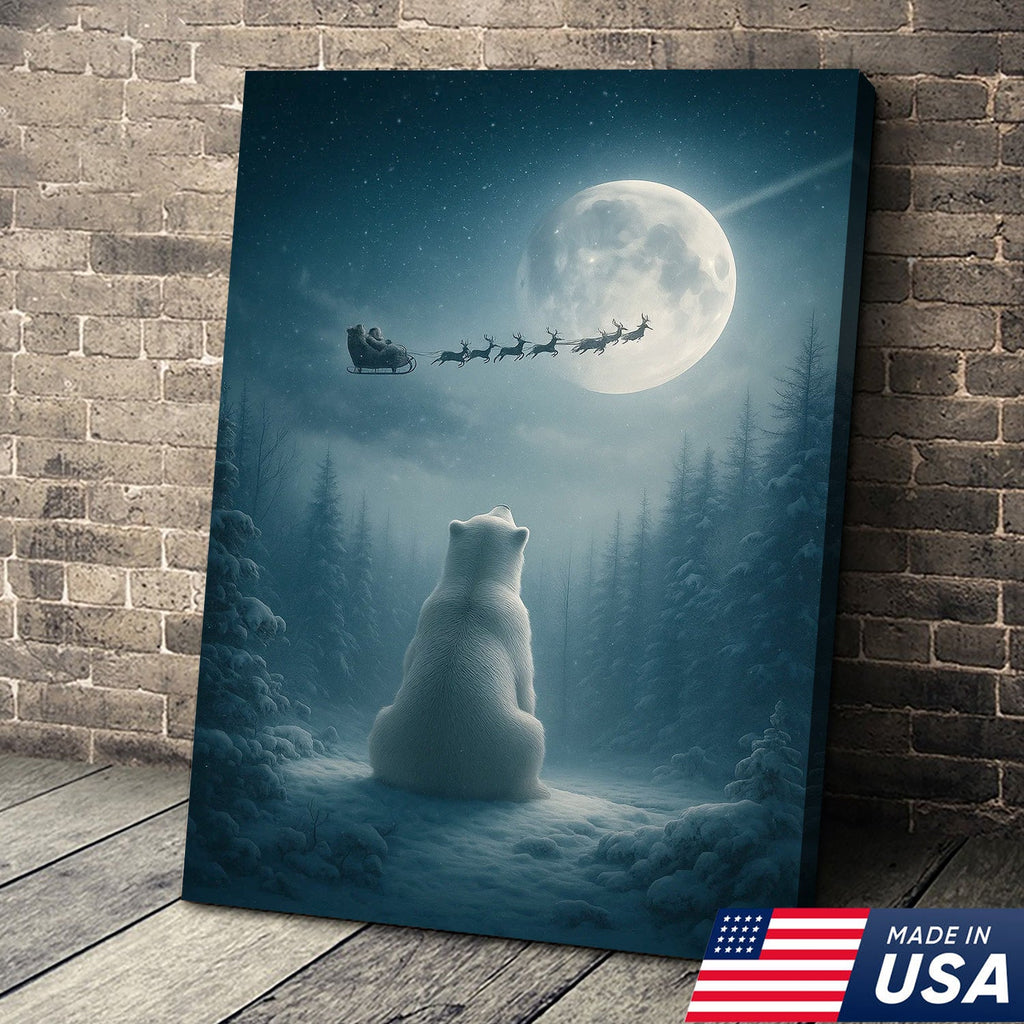 Christmas Polar Bear Santa Sleigh Wall Art Canvas, Winter Night Forest Moon Decor