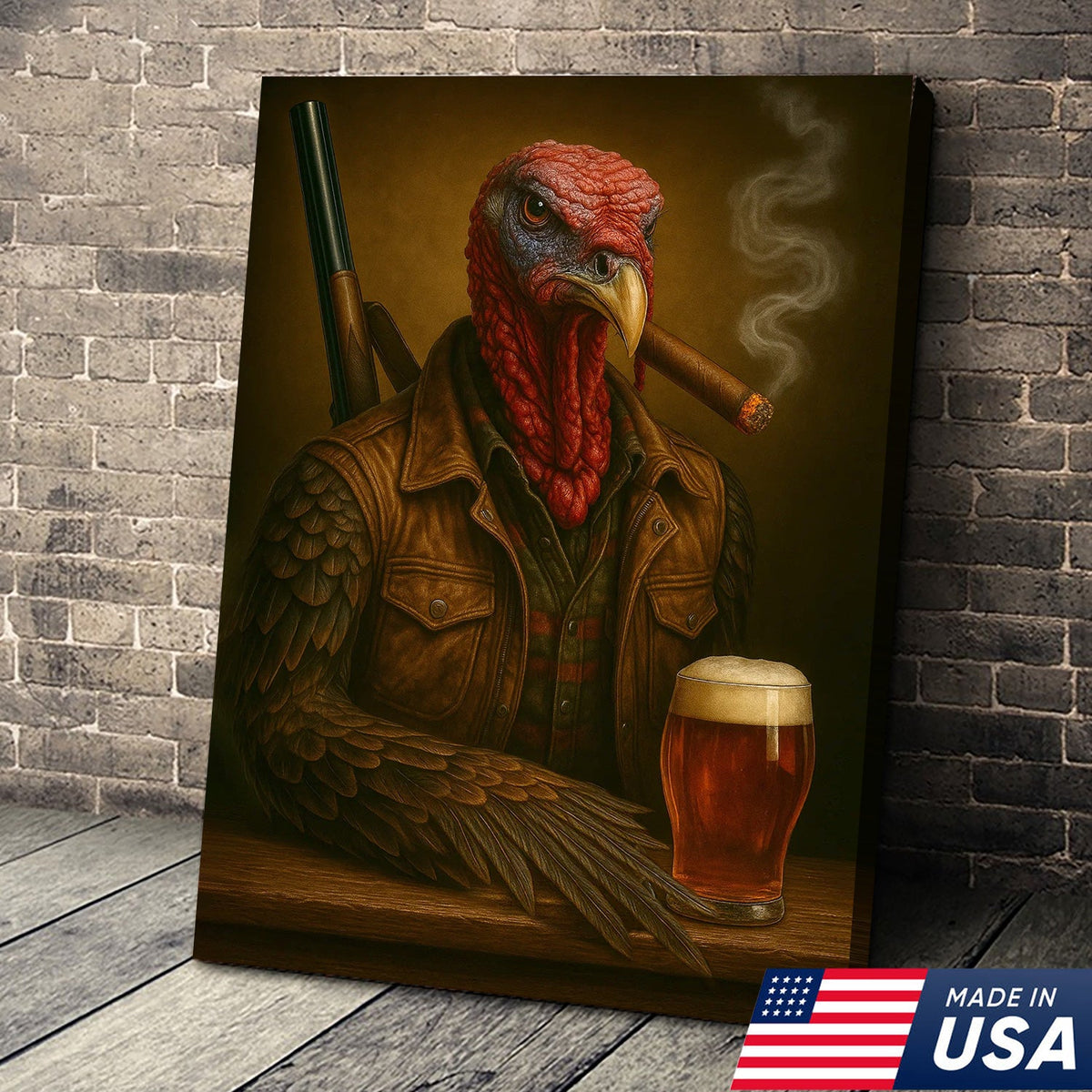 Wild Turkey Canvas Wall Art – Surreal Hunter Portrait with Beer Glass, Rustic Lodge Decor