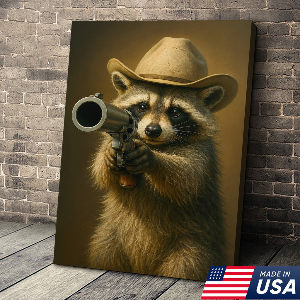Cowboy Raccoon with Revolver Canvas Wall Art, Funny Western Critter Decor