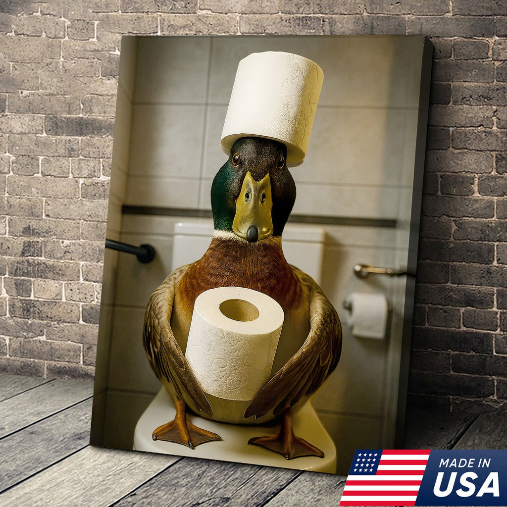 Funny Duck Bathroom Canvas Wall Art – Rustic Toilet Canvas for Cabin, Lodge & Man Cave Decor