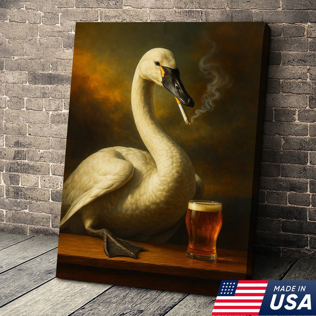 Rustic Tundra Swan Canvas Wall Art – Elegant Wildlife Bar Scene with Beer – Hunting Cabin Decor