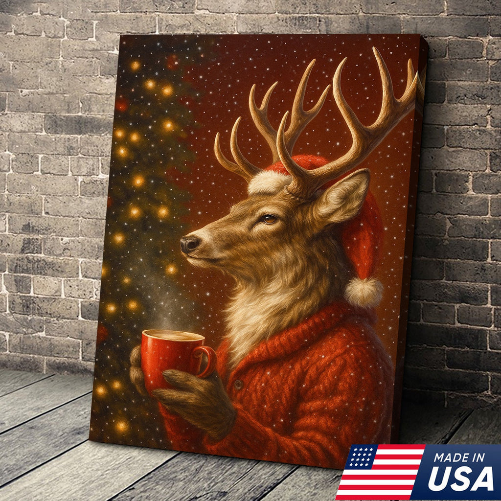Christmas Deer Drink Coffee In Cozy Sweater Canvas Wall Art - Holiday Cabin Decor