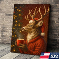 Christmas Deer Drink Coffee In Cozy Sweater Canvas Wall Art - Holiday Cabin Decor