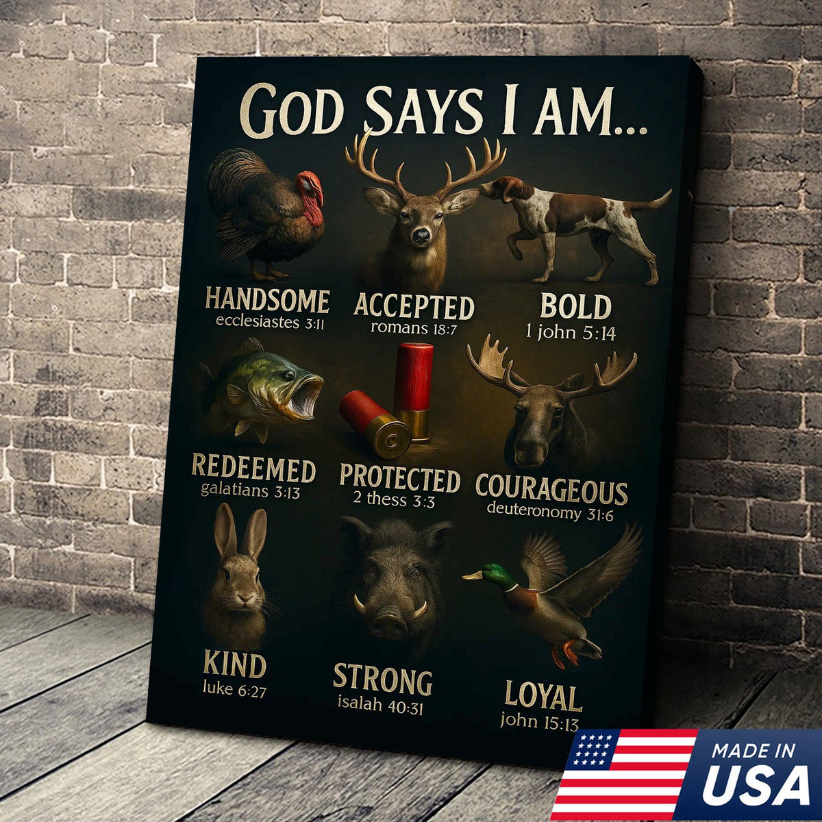 God Says I Am Hunting Canvas, Christian Wildlife Wall Art with Deer, Turkey, Duck, and Moose
