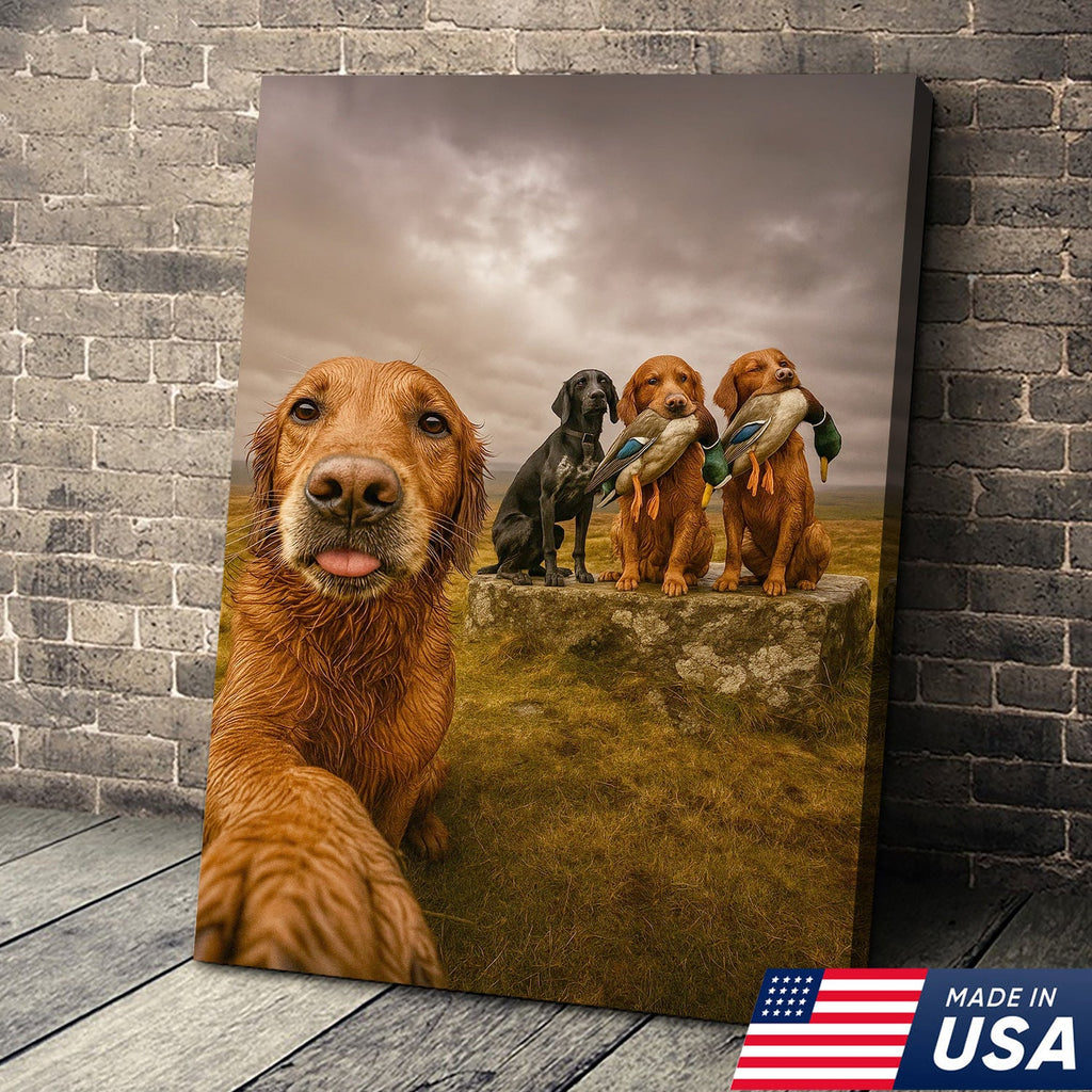 Hunting Dogs Selfie Canvas Art – Funny Retriever Group Photo with Ducks
