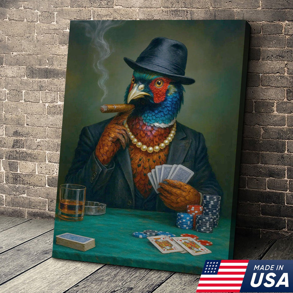 Funny Pheasant Poker Player Canvas Wall Art, Colorful Bird in Suit Casino Decor