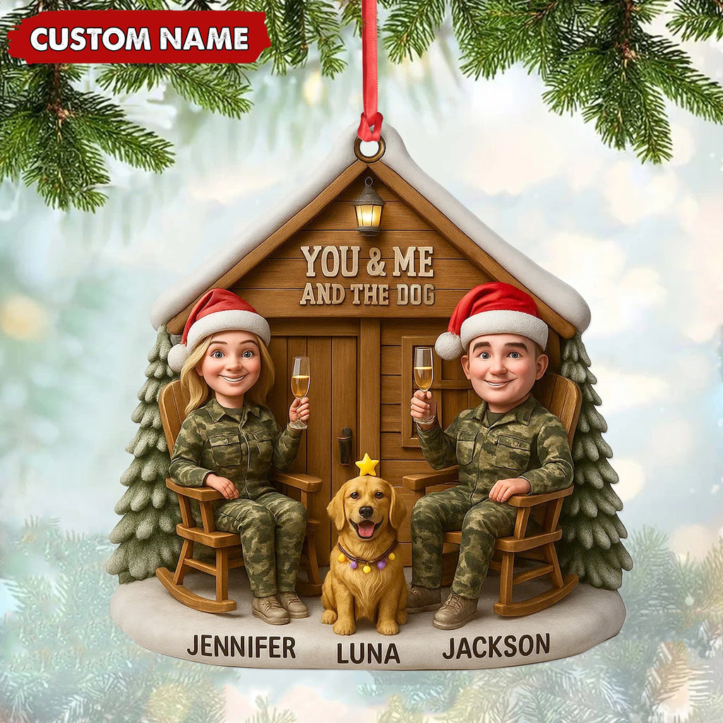 Personalized Hunter Couple Dog Christmas Ornament, Custom Name “You and Me and the Dog” Cabin, Cute Hunting Family Pet Lover Gift