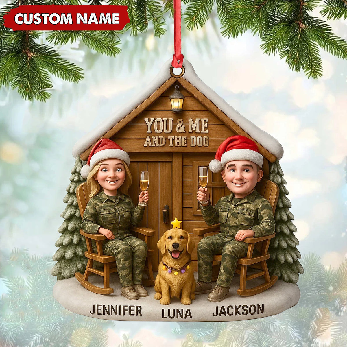 Personalized Hunter Couple Dog Christmas Ornament, Custom Name “You and Me and the Dog” Cabin, Cute Hunting Family Pet Lover Gift