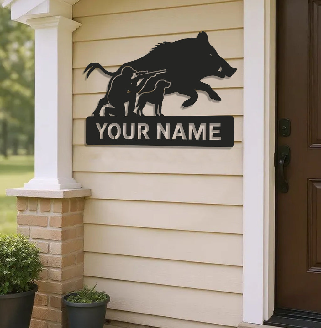 Personalized Wild Boar Hunting Metal Sign WITH LED/WITHOUT LED, Hunter and Dog Wall Art