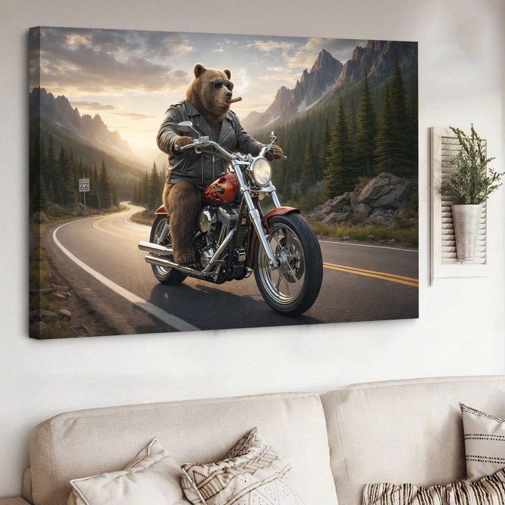 Cool Biker Bear Canvas Wall Art, Motorcycle Bear Riding Scenic Mountain Highway