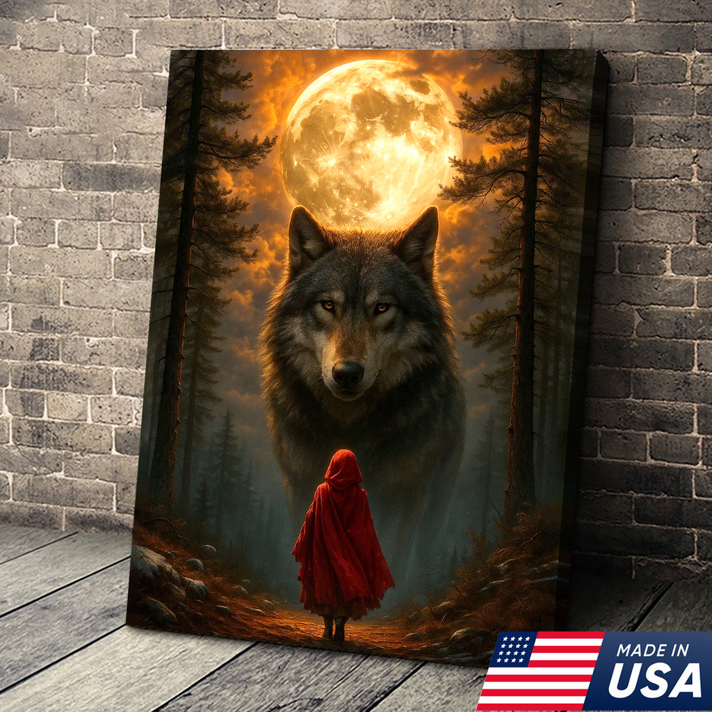 Wolf and Little Red Riding Hood Canvas Wall Art – Fantasy Moonlit Forest Scene