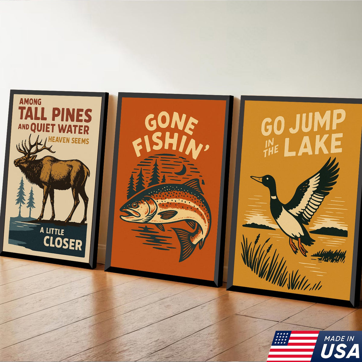 Set Of 3 Vintage Cabin Canvas Wall Art – Elk, Fish & Duck Retro Posters for Lake House & Lodge Decor