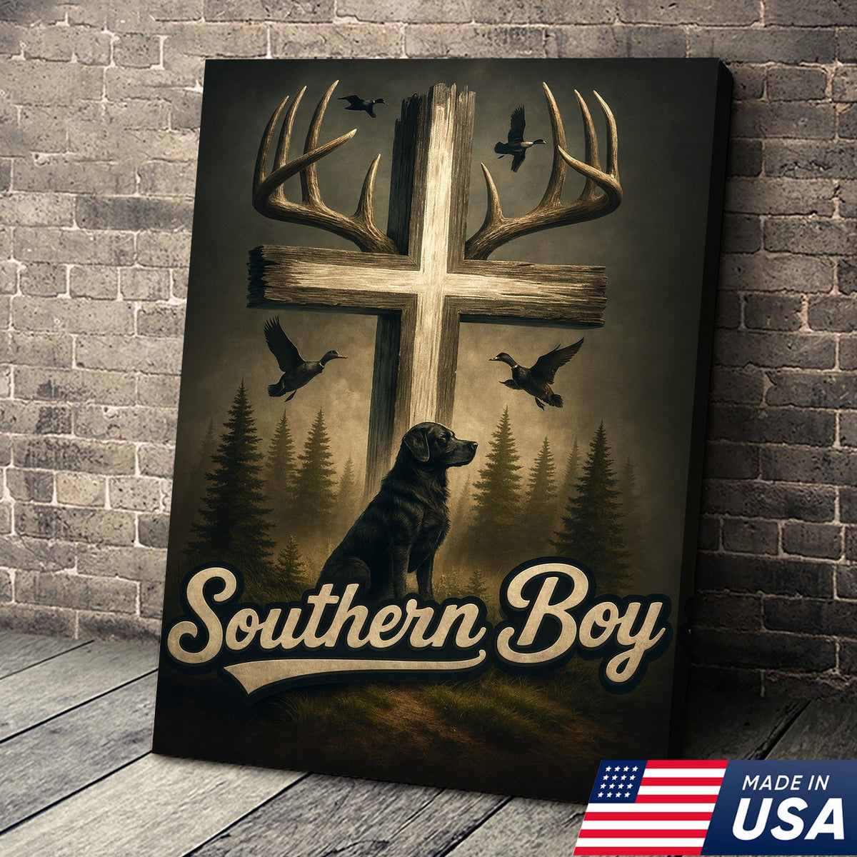 Southern Boy Canvas Wall Art, Deer Antler Cross with Labrador Retriever and Flying Ducks
