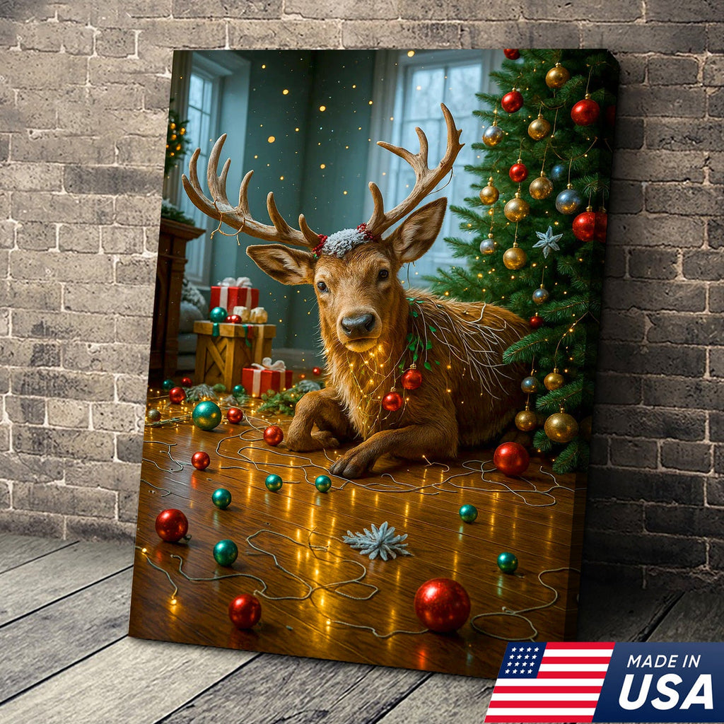 Christmas Reindeer Living Room Canvas Wall Art, Cute Deer With Christmas Tree and Ornaments