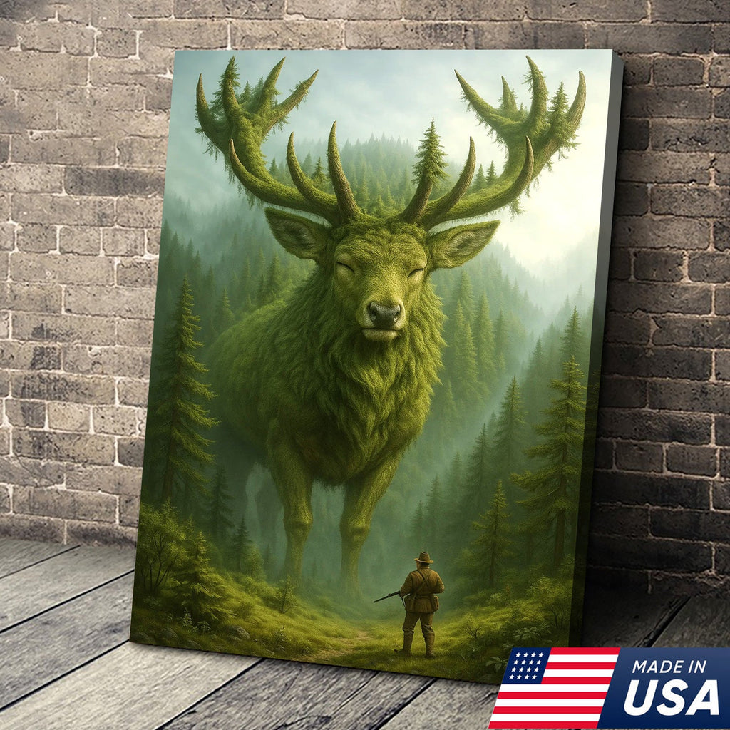 Forest Spirit Deer Wall Art Canvas, Giant Moss Elk with Hunter Fantasy Landscape