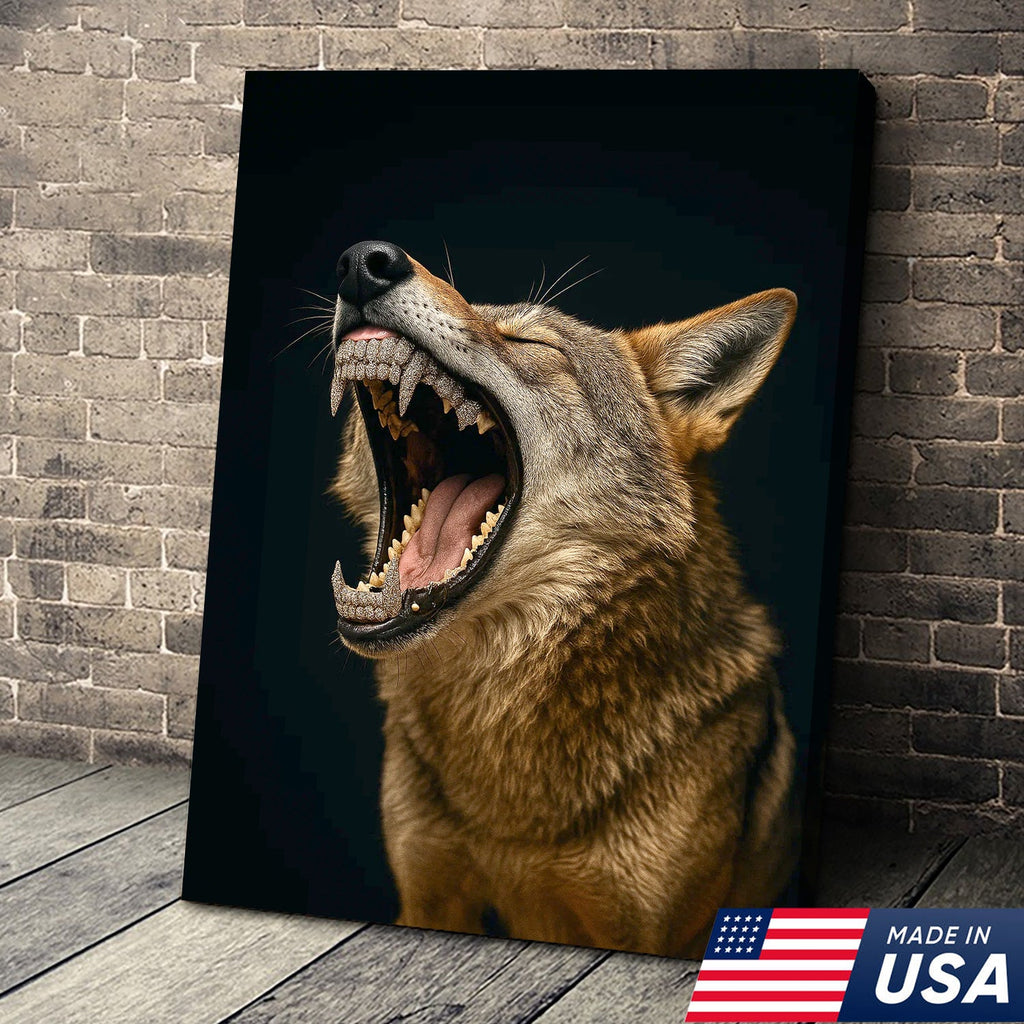 Roaring Wolf Canvas Wall Art, Fierce Animal Portrait Artwork, Rustic Wildlife Decor