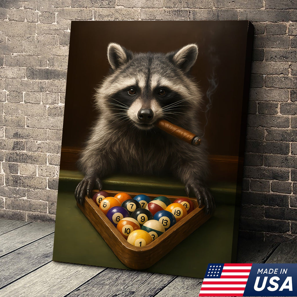 Funny Raccoon Pool Player Canvas – Perfect Gift for Billiards Lovers & Outdoors Men