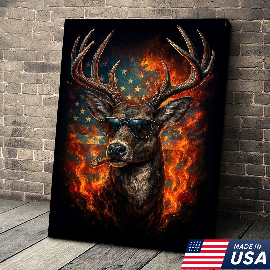 Patriotic Deer Wall Art Canvas – Cool Buck with Sunglasses and American Flag