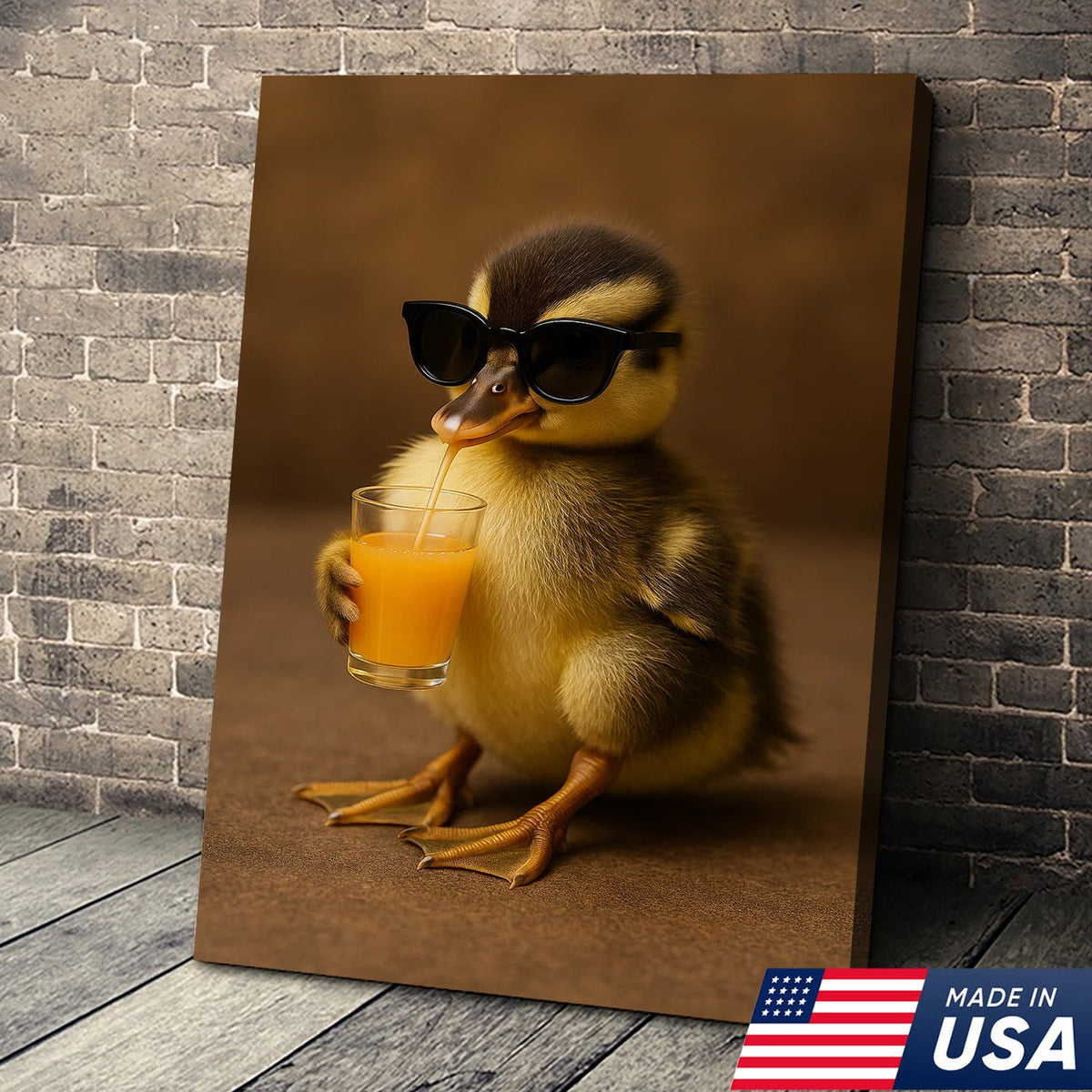 Funny Duckling Canvas Wall Art, Cute Baby Duck Drinking Juice Print