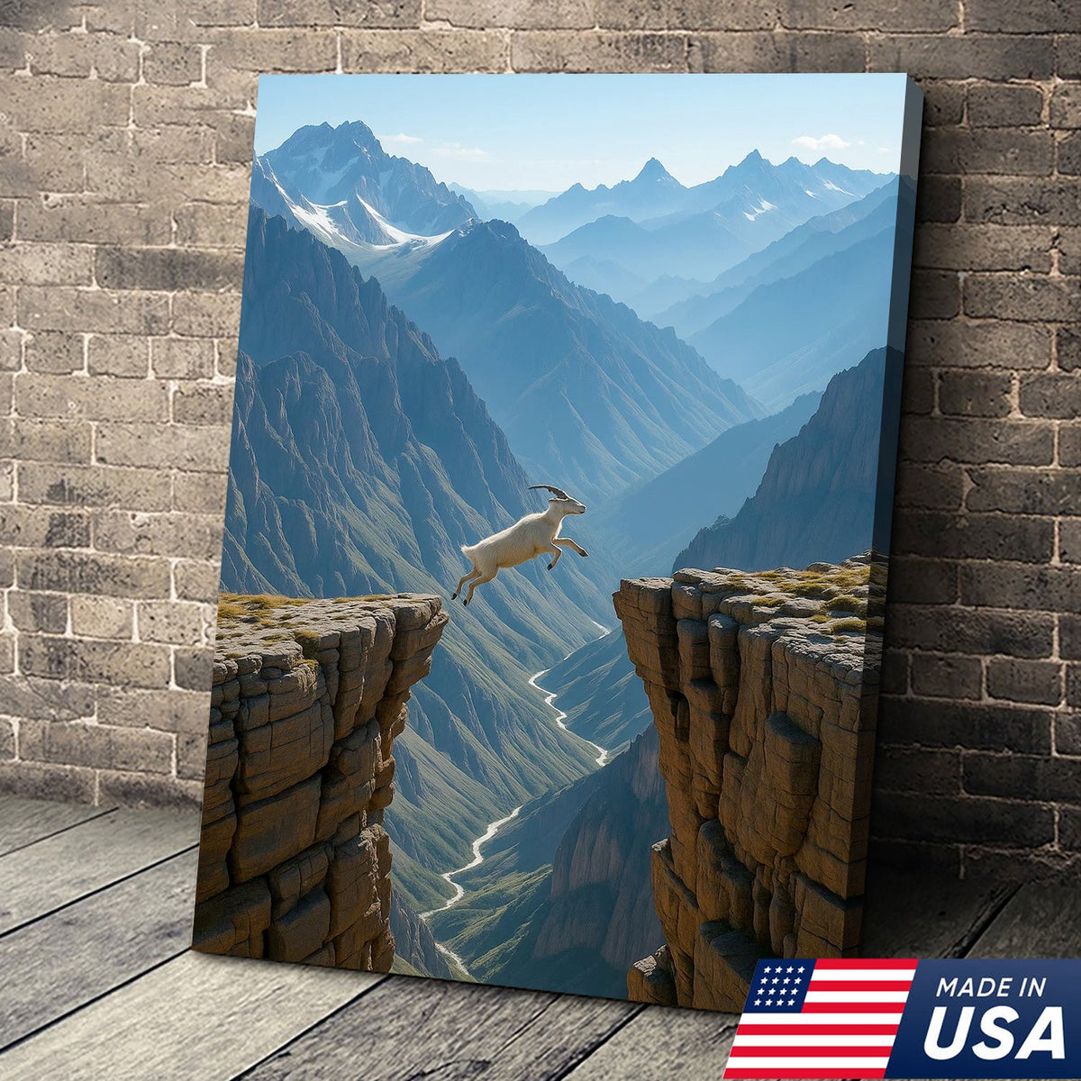Mountain Goat Cliff Jump Canvas Wall Art, Alpine Canyon Landscape Print